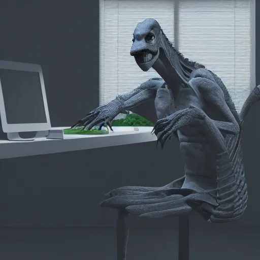 Image similar to human sitting in front of computer, but human is dinosaur, vray, 5 5 mm