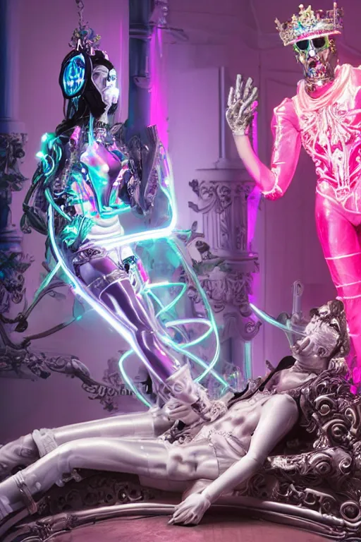 Prompt: full-body rococo and cyberpunk style neon statue of a muscular attractive Harry Styles macho dotado e rico android sim roupa reclining con las piernas abertas e la piroca dura, glowing white laser eyes, prince crown of pink gears, diamonds, swirling silver-colored silk fabric. futuristic elements. full-length view. space robots. human skulls. intricate artwork by caravaggio. Trending on artstation, octane render, cinematic lighting from the right, hyper realism, octane render, 8k, depth of field, 3D