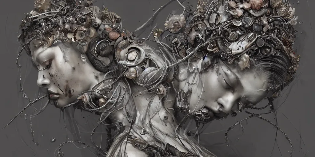 Image similar to hyperrealistic splatterpunk photography of a highly detailed and symmetrical gorgeous cyborg nymph asleep in the style of beth cavener, jin kagetsu, james jean and wlop, highly detailed, face symmetry, masterpiece, award - winning, sharp focus, intricate concept art, ambient lighting, 8 k, artstation