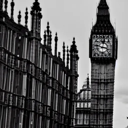 Prompt: Black and White photo of steampunk airship docking at Big Ben