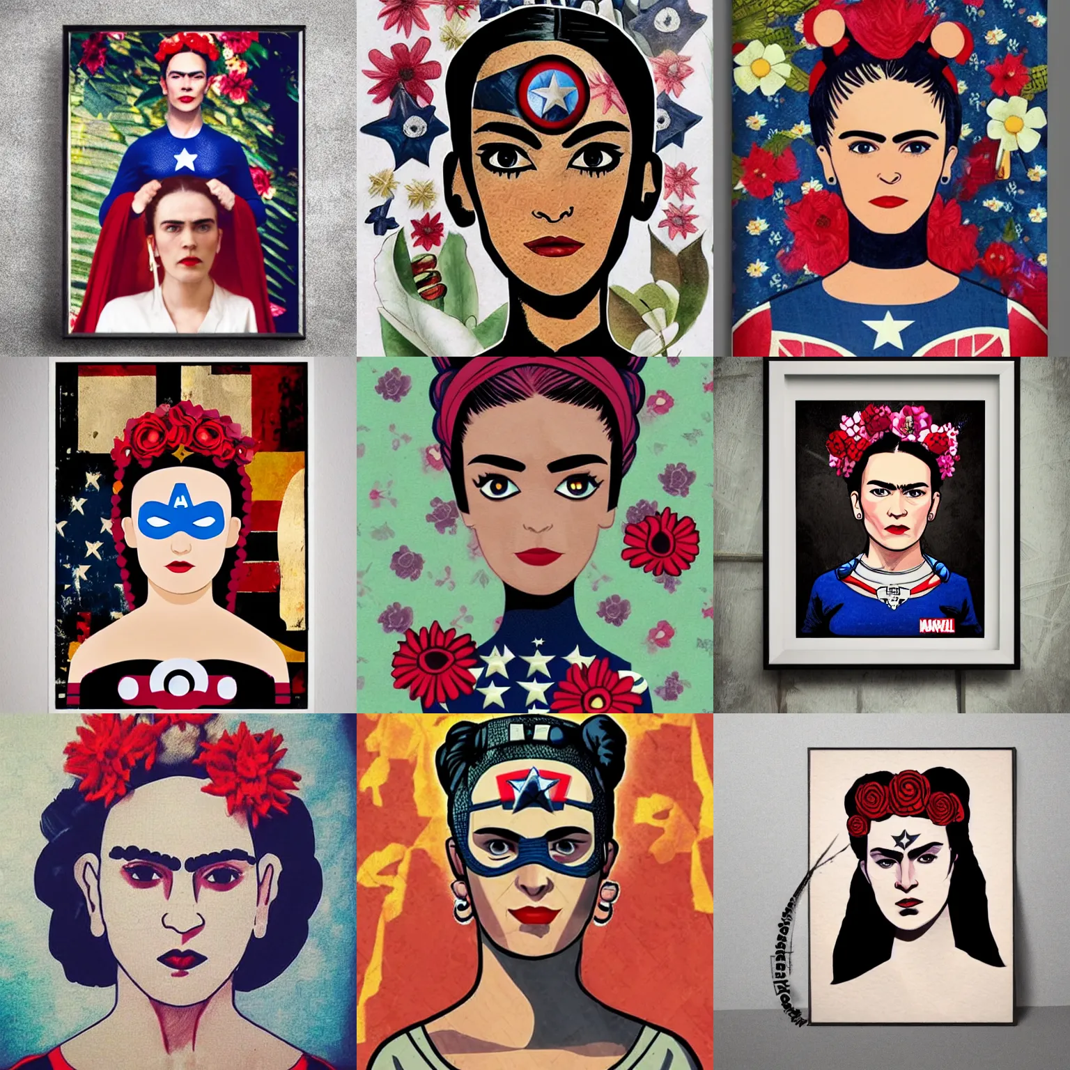 Prompt: captain America, female, punisher, superhero, flowers, style of frida kahlo,