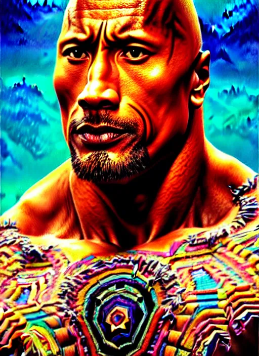 Prompt: portrait of dwayne johnson, hyper detailed ultra sharp aztec shaman warrior. trending on artstation, warpaint aesthetic, bloodwave, colorful, psychedelic, ornate, intricate, digital painting, concept art, smooth, sharp focus, illustration, art by artgerm and greg rutkowski and h. r. giger, 8 k