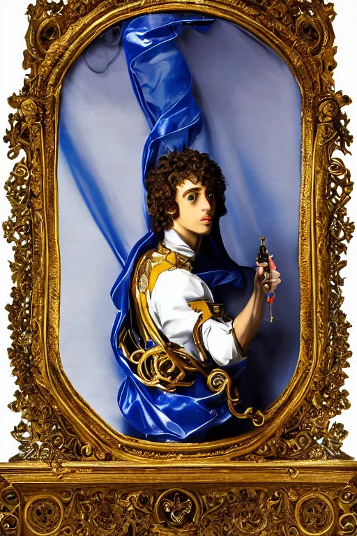 Prompt: full-body sculpture of a young handsome Spanish prince as a half android with a glowing blue battery in his chest, white laser beam coming out of his eyes, crown of giant diamonds, flowing neon-colored silk, fabric, raptors, in a cyperbunk and baroque style. baroque elements. full-length view. baroque element. intricate artwork by caravaggio mechanical roses. Trending on artstation, octane render, cinematic lighting from the right, hyper realism, octane render, 8k, depth of field, 3D