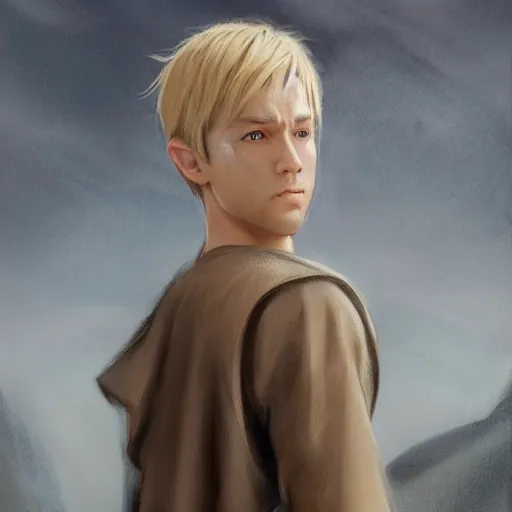 Image similar to a young blonde male jedi with short hair looking away at a threat full body shot concept art by Doug Chiang cinematic concept art, realistic painting, high definition, digital art, matte painting, symmetrical, very detailed, realistic, dramatic lighting, cinematic, establishing shot, extremely high detail, photo realistic, cinematic lighting, post processed, concept art, artstation, matte painting, red color scheme