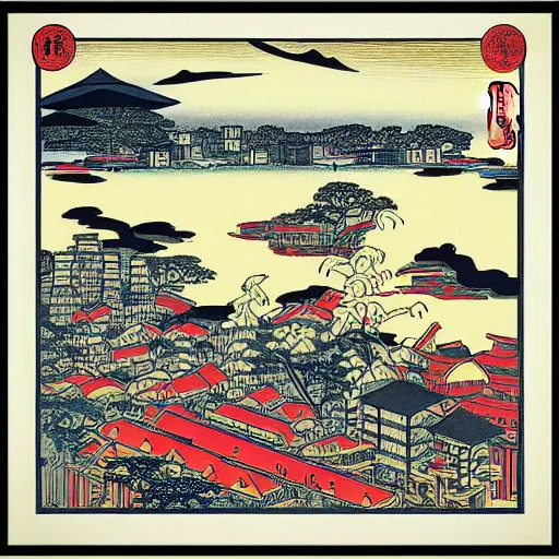 Image similar to “City of london in the style of a woodblock print by the Japanese ukiyo-e artist Hokusa, by James Jean”