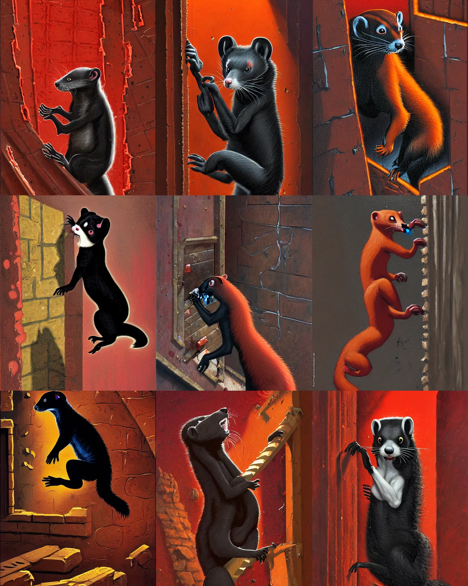 Prompt: a red - and - black weasel - ferret - stoat fursona / furry ( from the furry fandom ), scratching and chiseling on a prison cell wall in order to create cracks and impressions, embraced by blessed madness, the paint flows through the nooks and crannies of the partition, the art style of paul lehr and joe jusko gone dark