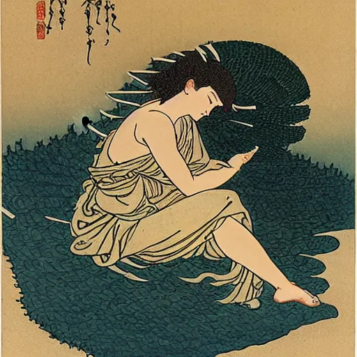 Image similar to Rhea The Goddess of Nature in a desert, by Hokusai and James Gurney