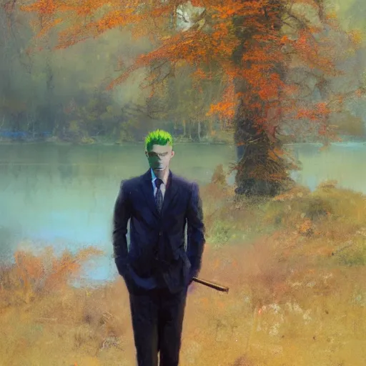 Prompt: stoic young man with red tipped green hair wearing a cream suit shedding a single tear standing before a lake in an autumnal forest holding a halberd shaped like a carnation, oil painting by jeremy mann and yoji shinkawa