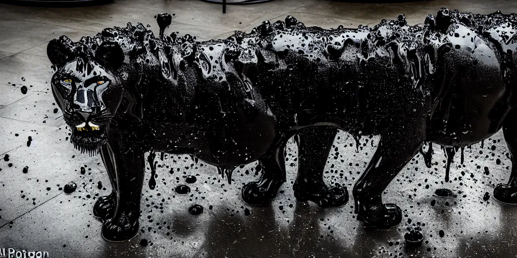 Prompt: the black lioness made of ferrofluid, bating in the drinking basin in the zoo exhibit, viscous, sticky, full of black goo, covered with black goo, splattered black goo, dripping black goo, dripping goo, splattered goo, sticky black goo. photography, dslr, reflections, black goo, zoo, exhibit