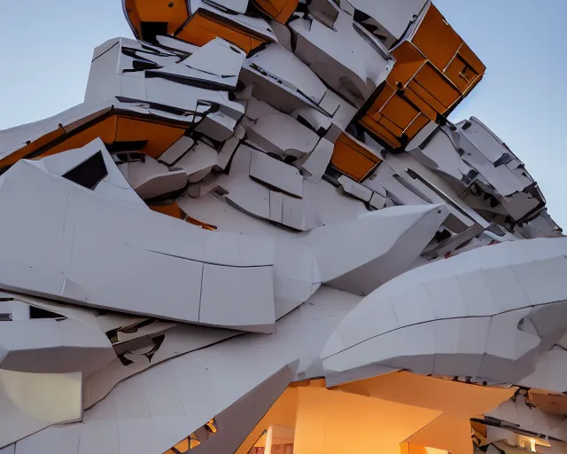 Prompt: photo of minimalist abstract cubist sculpture of curvy spaceship with random small mecha mayan decorations, covered with few large white airplane parts with windows and doors, gigantic size, sunset lighting