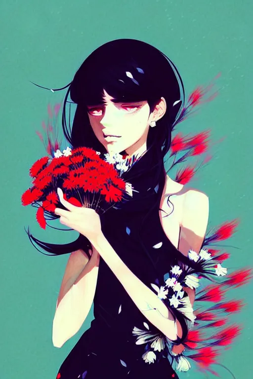 Image similar to a ultradetailed painting of a stylish girl holding a bouquet of flowers by conrad roset, greg rutkowski and makoto shinkai trending on artstation