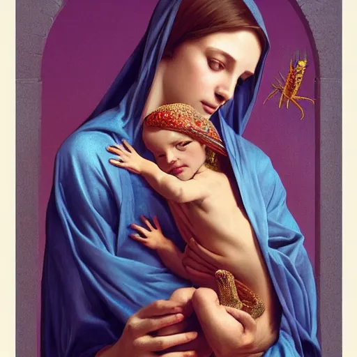 Prompt: the virgin mary holding a baby lizard lizard, highly detailed, digital painting, concept art, smooth, sharp focus, illustration, surrealist, absurd, humorous, photoshop, art by artgerm and greg rutkowski and alphonse mucha