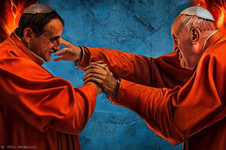 Image similar to the pope shaking hands with the satan in the hell, hyper detailed, orange red blue tones dramatic lighting, cgsociety, realistic, hyper detailed, insane details, intricate, dramatic lighting, hypermaximalist, golden ratio, rule of thirds, octane render, weta digital, micro details, ultra wide angle, artstation trending, 8 k