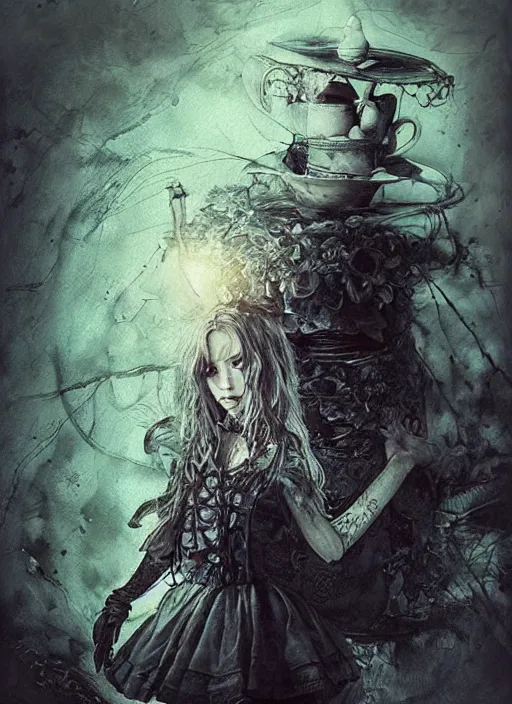 Image similar to portrait, grunge alice in wonderland, watercolor, dramatic lighting, cinematic, establishing shot, extremly high detail, foto realistic, cinematic lighting, pen and ink, intricate line drawings, by Yoshitaka Amano, Ruan Jia, Kentaro Miura, Artgerm, post processed, concept art, artstation, matte painting, style by eddie mendoza, raphael lacoste, alex ross