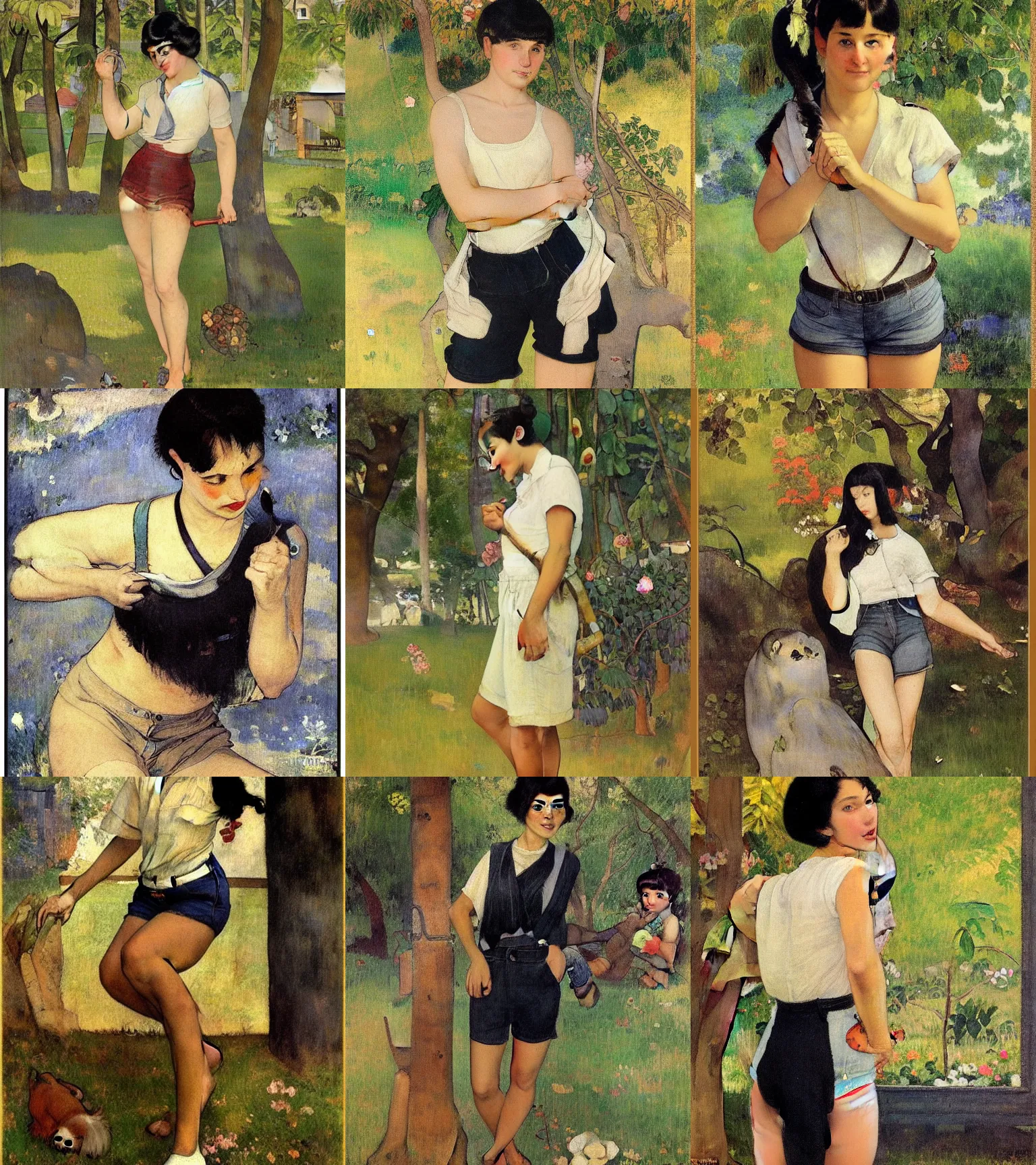 Prompt: a woman with black hair and long pixie haircut in shorts with suspenders and white t-shirt drawn by Paul Gauguin, norman rockwell, frank frazetta, alphonso azpiri, maler collier, peter paul rubens, alphonse mucha, gustav klimt 4k, unreal 5, DAZ, french noveau, trending on artstation, octane render, hyperrealistic