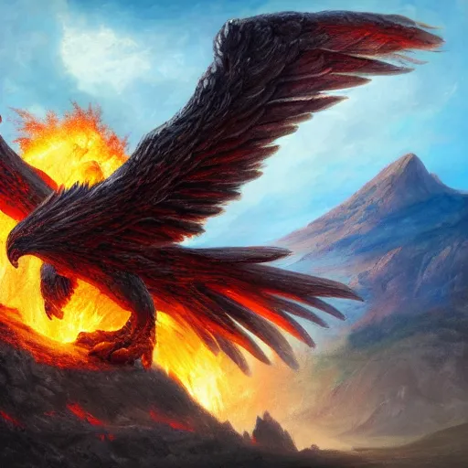Image similar to giant fire eagle coming out of a vulcano, beautiful light, mountains, nature, fantasy book, d & d, high detail, 8 k, oil painting, dark fantasy