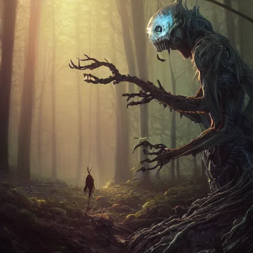 Image similar to highly detailed creepy forest humanoide creature, stephen bliss, unreal engine, fantasy art by greg rutkowski, loish, rhads, ferdinand knab, makoto shinkai and lois van baarle, ilya kuvshinov, rossdraws, tom bagshaw, global illumination, radiant light, detailed and intricate environment