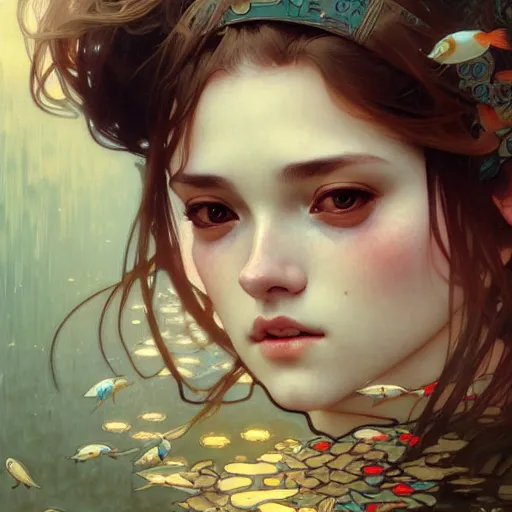 Image similar to Portrait of a girl surrounded by Koi fish, face, fantasy, intricate, elegant, highly detailed, digital painting, artstation, concept art, smooth, sharp focus, illustration, art by Krenz Cushart and Artem Demura and alphonse mucha