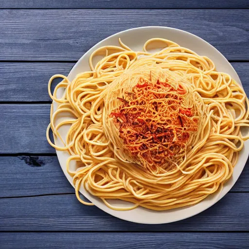 Image similar to highly detailed illustration of a plate of spaghetti on top of a blue and wooden table