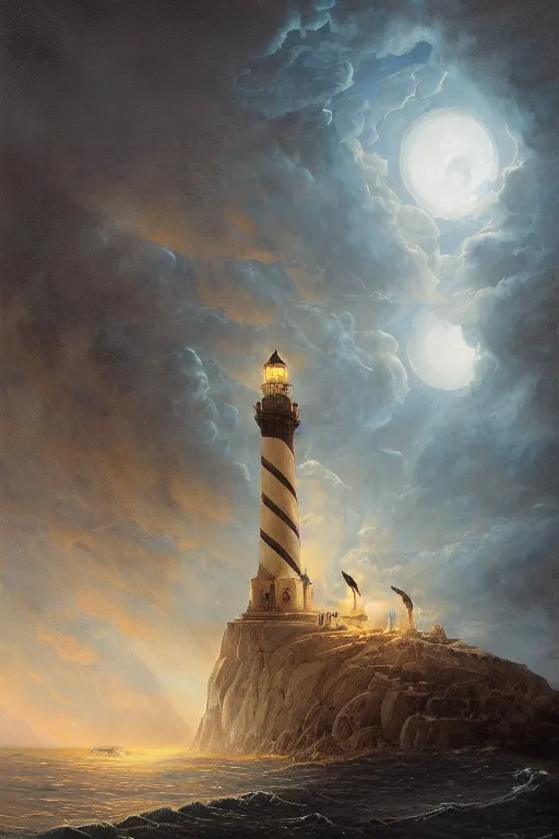 Prompt: Detailed Exterior Shot of Stormy Lighthouse of Alexandria, light of sin, moonlight shafts, flock of birds, night atmosphere, in Style of Peter Mohrbacher, cinematic lighting