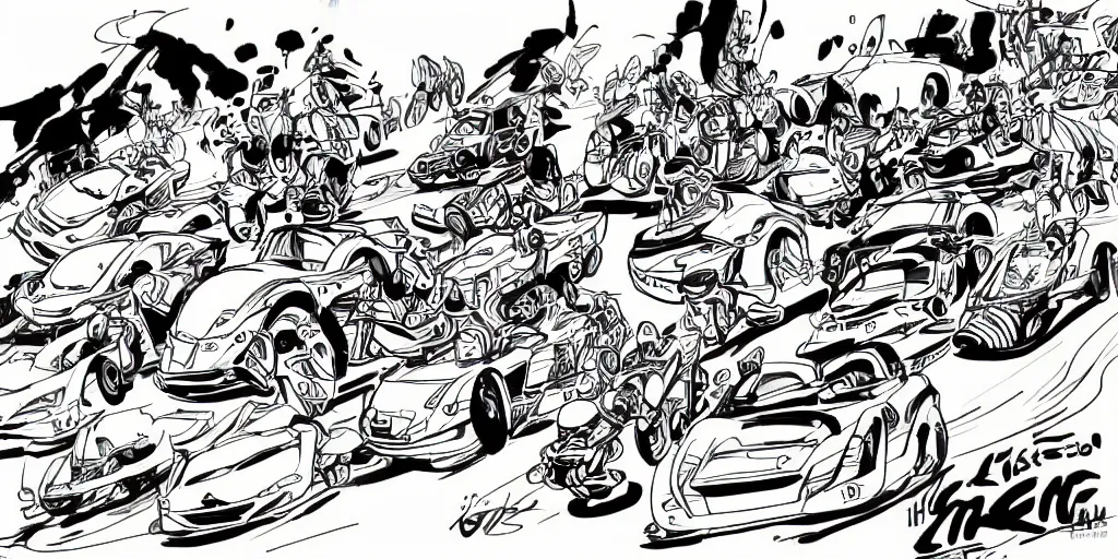 Image similar to ink lineart drawing of a car race, chinese brush pen illustration, cartoon style, anime, deep black tones, coloring book, contour