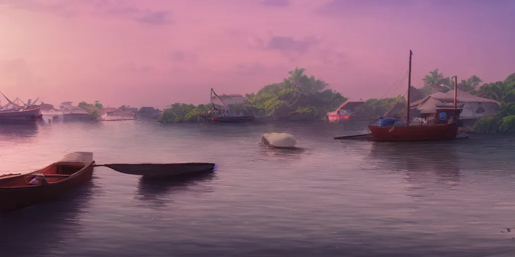 Image similar to pulau indah town, boat in foreground, early morning, detailed matte painting, low angle view, telephoto lens, bokeh, studio ghibli, artstation