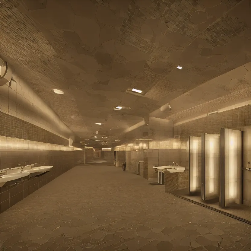 Image similar to an infinite public restroom with many stalls and sinks, cinematic lighting, volumetric lighting, award winning photography, highly detailed, intricate, sharp focus, 4 k wallpaper, unreal engine, 9 0 mm, f / 1. 4