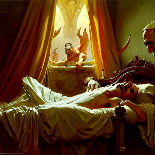 Image similar to the pope is in his bed, nervous and terrified, because a double horned shadow demon from hell lurks in the wallpaper of the bedroom. highly detailed painting by gaston bussiere, j. c. leyendecker, greg rutkowski, craig mullins 8 k