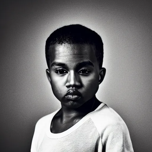 Prompt: the face of young kanye west wearing yeezy clothing at 8 years old, black and white portrait by julia cameron, chiaroscuro lighting, shallow depth of field, 8 0 mm, f 1. 8