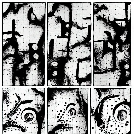 Image similar to drilling neighbor, grid of drilled holes in a room, black and white horror in style of junji ito