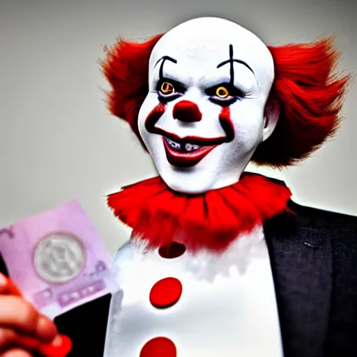 Prompt: Pennywise the clown wearing a suit and holding a banknote in his hands, full body shot, highly-detailed