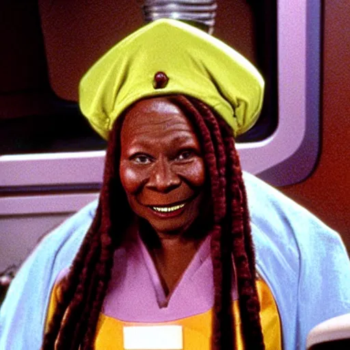 Image similar to guinan from star trek wearing random kitchen tools on her head on the starship enterprise, played by a young whoopi goldberg