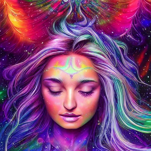 Image similar to a galaxy colored psychedelic chakra awakening kundalini ethereal portrait of kim petras with her eyes closed transcending to a higher plane of existence, eternal blessing, multiverse, by android jones, by ben ridgeway, visionary art, by artgerm, featured on artstation, cgsociety, by greg rutkowski