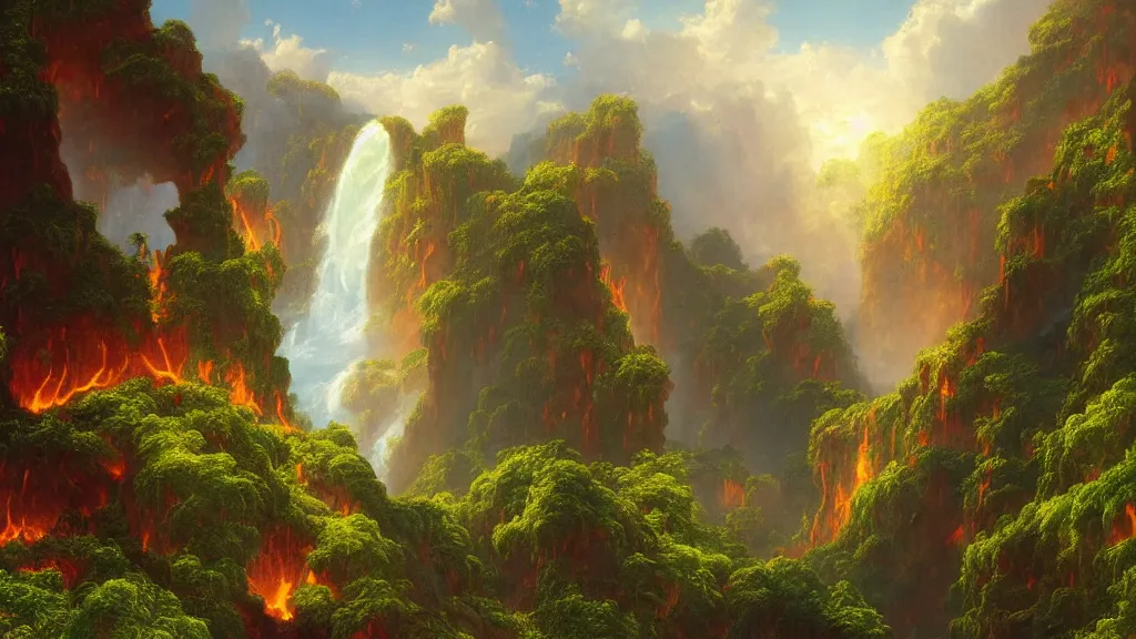 Image similar to very detailed and perfectly readable fine and soft relevant out of lines soft edges painting by beautiful walt disney animation films of the late 1 9 9 0 s and thomas cole in hd, we see a lava world, nice lighting, perfect readability