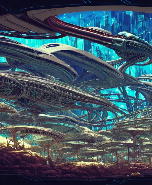 Image similar to an amusement park made out of alien creatures, biological forms, internal organs, in the style of an asymmetrical spaceship, apocalyptic environment, by dan mumford, yusuke murata, makoto shinkai, ross tran, cinematic, unreal engine, cel shaded, featured on artstation, pixiv