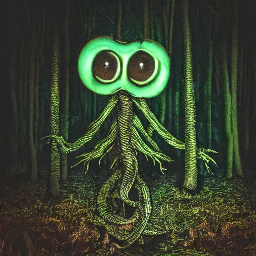 Prompt: horrifying eldritch creature hiding in the forest at night with vhs filter