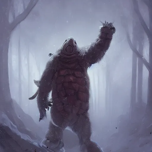 Image similar to anthropomorphic turtle humanoid, carapace, greg rutkowski, blizzard, winter, night, furs, fantasy