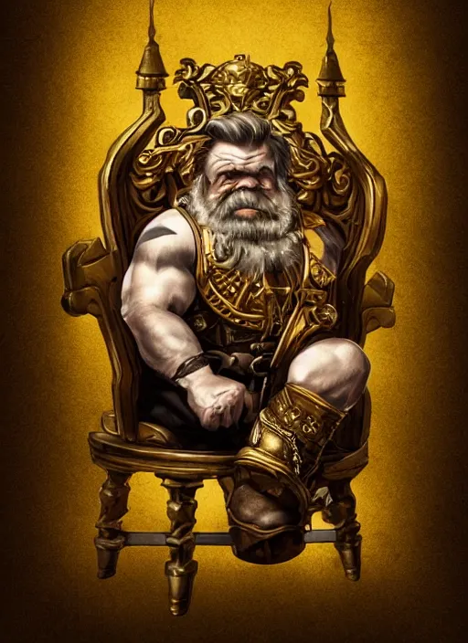 Image similar to dwarf fighter sitting in mechanical spider chair, gold, exquisite details, black beard, white background, by studio muti