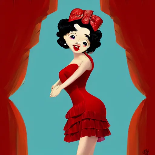 Image similar to vivien leigh as betty boop, red dress fully clothed, hyper detailed, digital art, trending in artstation, cinematic lighting, studio quality, smooth render, unreal engine 5 rendered, octane rendered, art style by klimt and nixeu and ian sprigger and wlop and krenz cushart