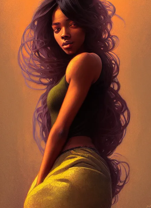 Image similar to handsome young black women with shoulder length brown hair, half body shot, path traced, highly detailed, high quality, digital painting, alena aenami, lilia alvarado, shinji aramaki, karol bak, alphonse mucha, tom bagshaw