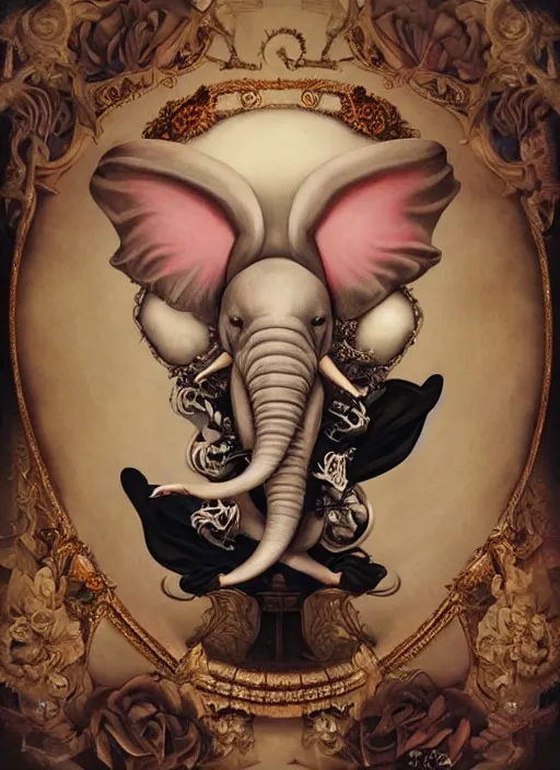 Prompt: pop surrealism, lowbrow art, psychic flying tandem war elephant, rococo, natalie shau, loreta lux, tom bagshaw, mark ryden, trevor brown style,