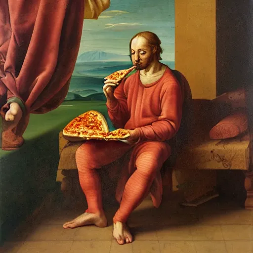 Image similar to a renaissance painting of a man eating pizza on the couch in his pajamas