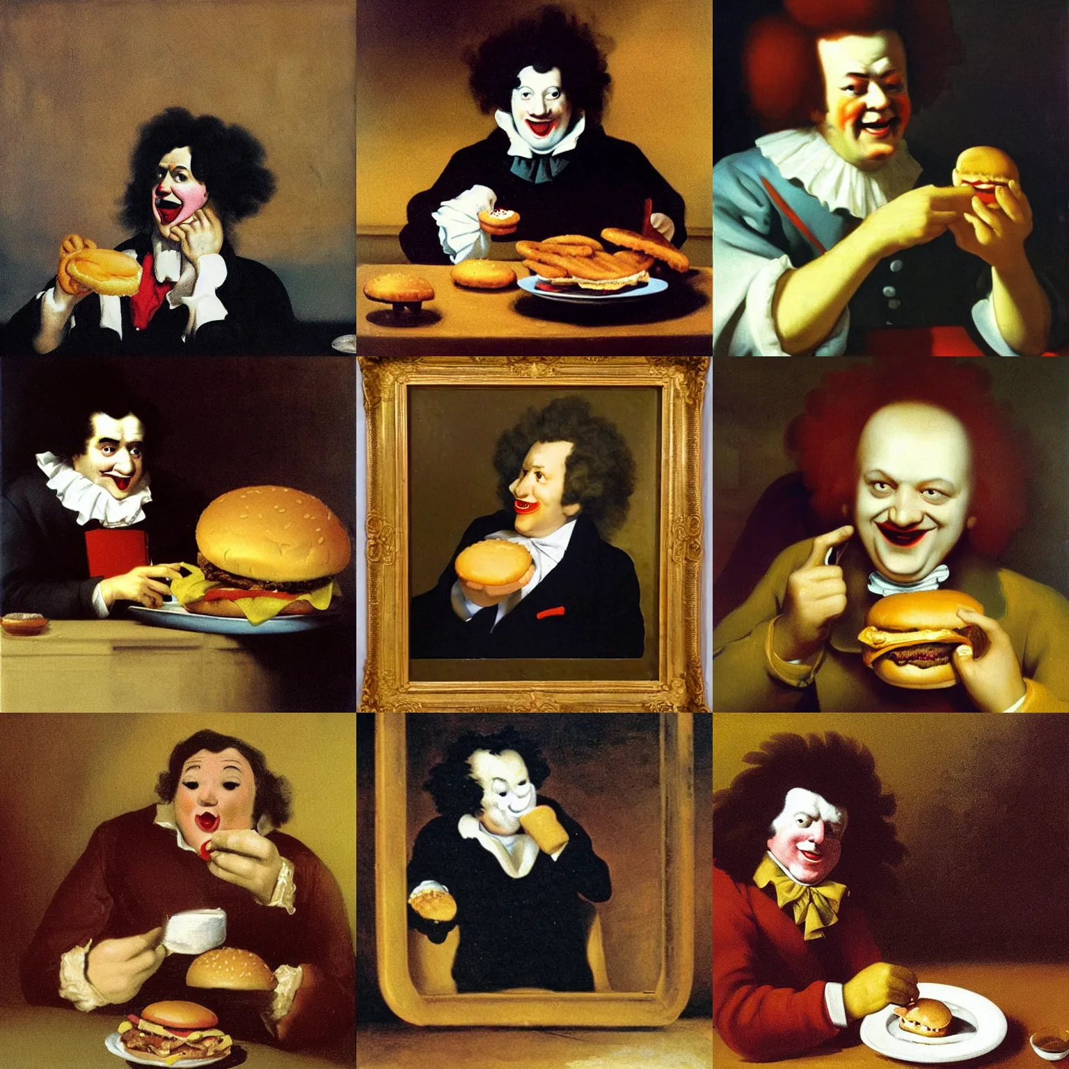 Image similar to ronald mcdonald eating a hamburger, painting by fransisco goya