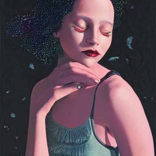 Prompt: beautiful girl with wavy dark purple hair and pink tank top and black miniskirt coming out of the abyss, ultrafine hyperrealistic fantasy oil painting, art by ida outhwaite and loish, trending on artstation, intricate linework, sharp focus, smooth, unreal engine, dramatic lighting, 8 k