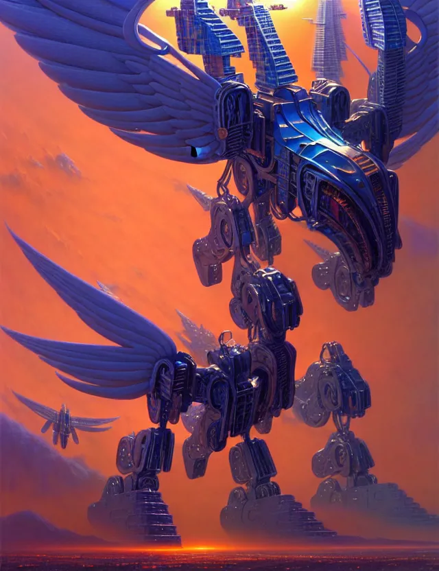 Prompt: a giant pegasus mecha, tim hildebrandt, wayne barlowe, bruce pennington, donato giancola, trending on artstation, cinematic composition, beautiful lighting, hyper detailed, 8 k, oil on canvas