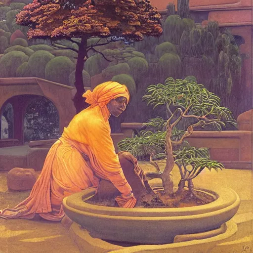 Image similar to Old African gardener cutting bonsai trees, isyllic Garden, by Annie Swynnerton and Nicholas Roerich and jean delville, glowing paper lanterns, strong dramatic cinematic lighting , ornate tiled architecture, lost civilizations, smooth, sharp focus, extremely detailed