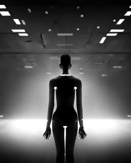 Prompt: black and white high quality photo of a beautiful futuristic dancing female posthuman-cyborg looking into a sci-fi mirror:: volumetric lighting, liminal space, brutalism, foggy, dreamy, hyperdetailed, bokeh, photorealistic, cinematic, masterpiece, Metropolis, elegant, dark, octane render, 8K, in the style of Dora Maar and Man Ray