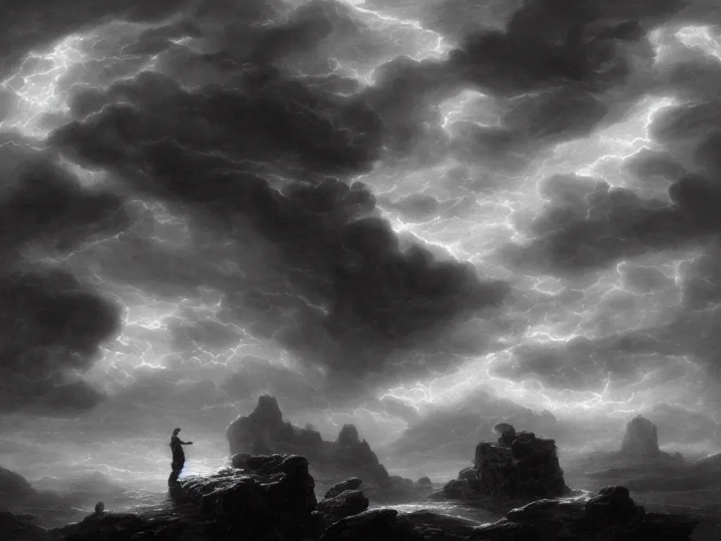 Image similar to very detailed, dark super storm, hyper realistic clouds that resemble large mountains, levitating large rocks. impressive, magical, very atmospheric, fog, cinematic, deep, very high complexity, stunning, dramatic masterpiece, iridescent, chiaroscuro, by gustave dore, caspar david friedrich, ian miller, very detailed. 4 k