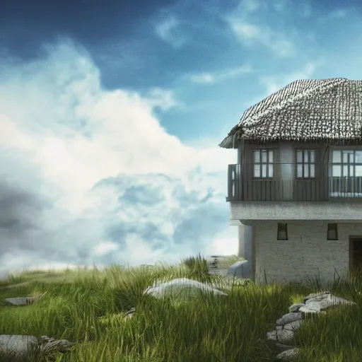 Image similar to house in the clouds, 4 k render
