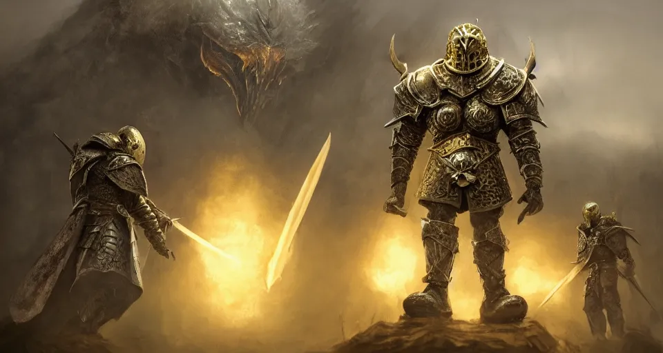 Prompt: a fantasy battlfield with a skull headed knight with a skull hemet, wearing golden armor standing strong in the middle of a battlefield, hyper realistic, unreal, craig mullins, alex boyd, lord of the rings, game of thrones, dark souls, artstation, cinematic action shot, warhammer